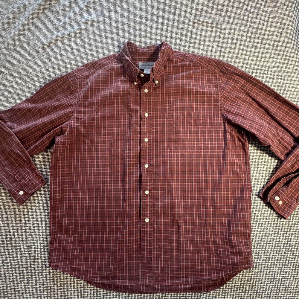 Eddie Bauer Mens XL Burgundy Plaid Long Sleeve Button Down Cotton Shirt